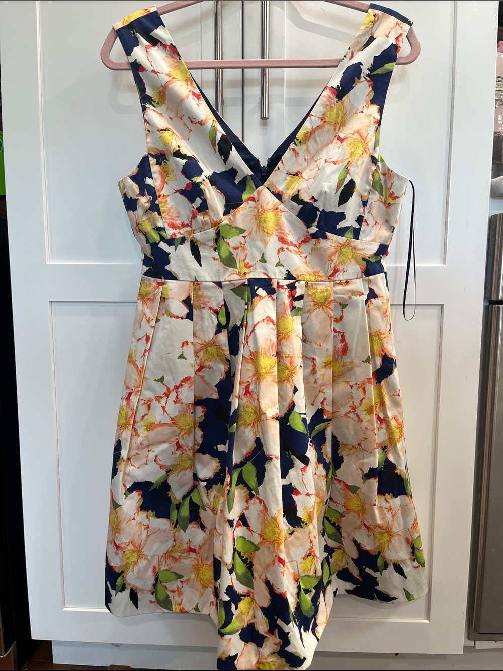 J. Crew Floral V-Neck Pleated Midi Dress in Navy, White, Yellow & Green